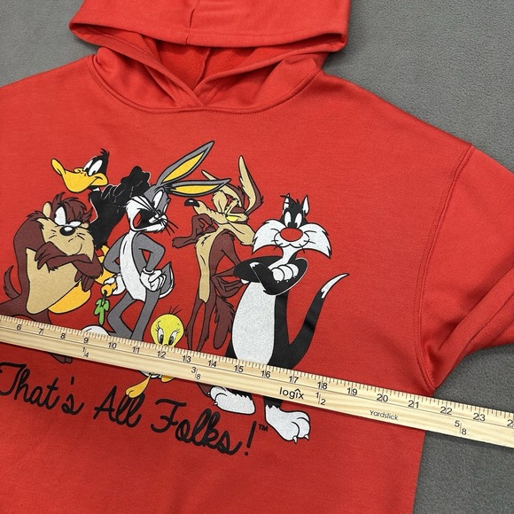 Vtg Y2K Jerry Leigh Looney Tunes Hoodie Mens S Red Sylvester Taz Thats all Folks - Picture 5 of 9